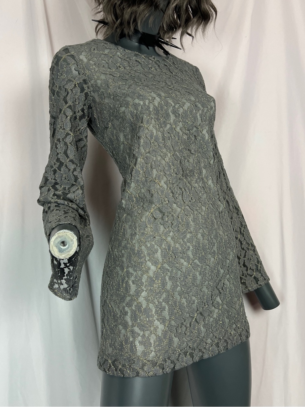Graphite & Gold Floral Lace Bell Sleeve Mini Dress / Top